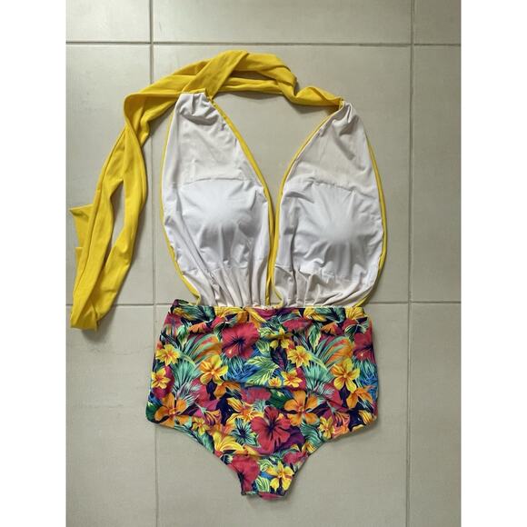 Cocoship Swim One Piece Swimsuit Halter Floral Color Block Swimwear - Picture 5 of 10